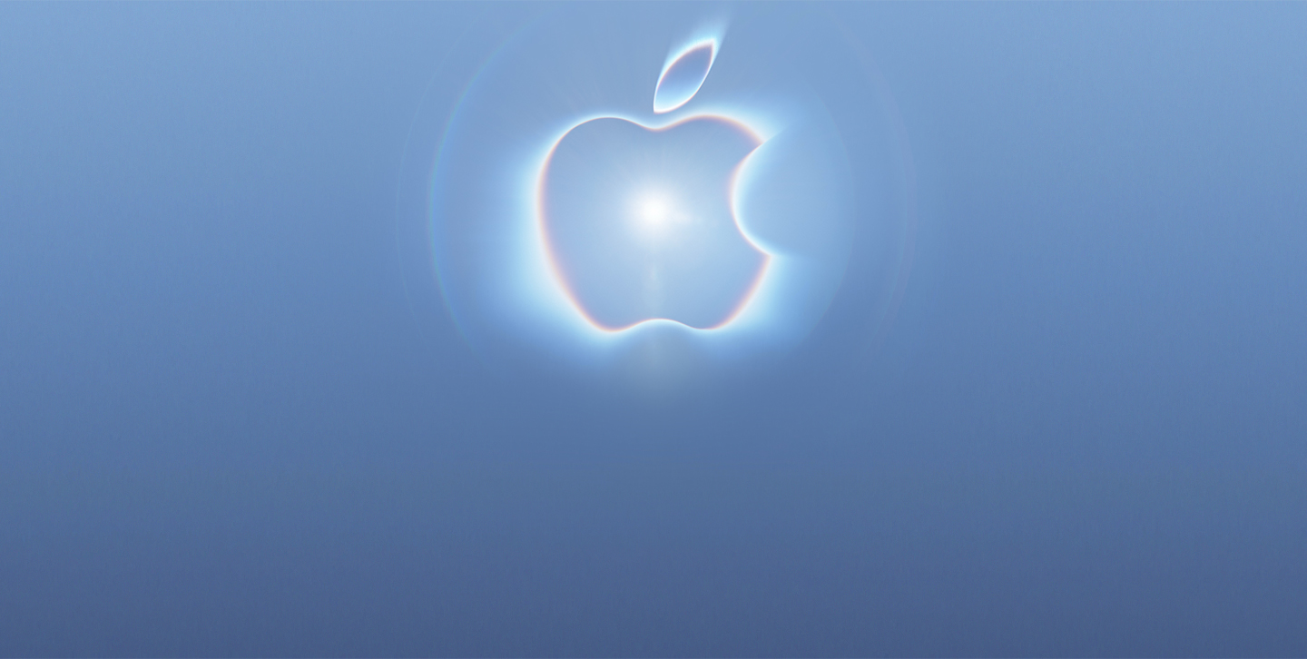 渐变背景上的 Apple 标志散发蓝色与粉红色光芒